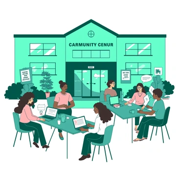 A teal community center building with large windows and an inviting entrance. Inside, a diverse group of women and men are sitting at tables, engaged in discussions and activities focused on career development. Some participants, a black woman with curly hair and a white man with glasses, are collaborating on a project using laptops. Nearby, a Hispanic woman is presenting her ideas to a small group. Various posters about skills and professional growth are displayed on the walls, adding to the productive atmosphere.