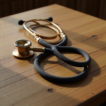 A vintage stethoscope with brass and dark leather components resting on a rustic wooden table. The stethoscope features a shiny diaphragm and thick tubing, showing signs of wear. The wooden table has a weathered appearance with visible grain and knots. Warm, soft lighting enhances the atmosphere, creating subtle shadows across the table surface.