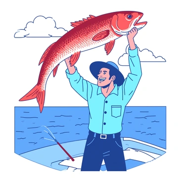 A fisherman with a broad smile is standing on a boat, holding a large red snapper high above his head. He is wearing a blue fishing shirt and a wide-brimmed hat. The snapper has vivid red scales, glistening under the sunlight. The background features a calm sea with gentle waves, and the sky is clear with a few fluffy white clouds. The fisherman’s hands are firmly gripping the fish, showcasing his catch with pride.