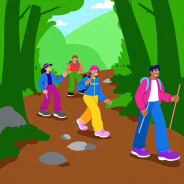 A group of hikers wearing colorful outdoor gear is navigating through a dense forest filled with tall green trees. The forest floor is covered with rich brown soil, scattered with various sizes of rocks and gnarled tree roots. The hikers are stepping carefully over these roots and rocks, showing expressions of focus and determination. Sunlight filters through the leaves above, casting dappled light on the ground around them. Some hikers are holding walking sticks, while others have backpacks secured tightly. The scene conveys a sense of adventure and exploration.