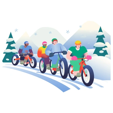 A group of five bikers is riding through a snow-covered landscape. Each biker is wearing a helmet and winter gear, with colors ranging from bright red to deep blue. The ground is blanketed in thick, white snow, and snowflakes are gently falling from a gray sky. In the background, there are snow-capped mountains and pine trees dusted with snow. The bikers are navigating through a narrow trail, with fresh tire tracks visible in the snow behind them. Some of the bikers are leaning slightly forward, showing focus and caution as they ride.