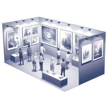A large exhibition hall filled with various illustrations displayed on the walls. Each section of the hall features distinct styles, with one area showcasing "fantasy" illustrations depicting mythical creatures and enchanted landscapes. Another section presents "realism" illustrations portraying lifelike portraits and detailed scenes of everyday life. The overall atmosphere is lively, with visitors engaged in observing the artworks and discussing the different techniques used by the artists. Rows of spotlights illuminate each piece, enhancing the details and textures of the illustrations.