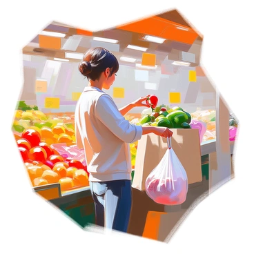 A shopper with medium skin and short hair is standing at a bustling market selecting fresh produce. She is inspecting vibrant green bell peppers and ripe red tomatoes, with a canvas tote bag filled with fruits and vegetables slung over her shoulder. In her other hand, she holds a separate bag containing raw meats, clearly labeled to prevent cross-contamination. The market stalls are filled with an array of colorful fruits and vegetables, creating a lively atmosphere. Sunlight illuminates the scene, highlighting the freshness of the produce and the shopper's careful selection process.