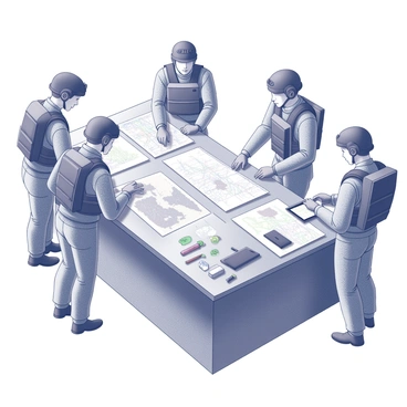 A group of four operators standing around a large rectangular table. Each operator is wearing tactical gear, including vests and helmets. They are engaged in an animated discussion, with maps and electronic devices spread out on the table in front of them. One operator is pointing at a specific location on a map, while another is taking notes on a tablet. The atmosphere is focused and intense, highlighting their teamwork and collaboration. The surrounding environment shows a room filled with various pieces of equipment and tools related to their mission.