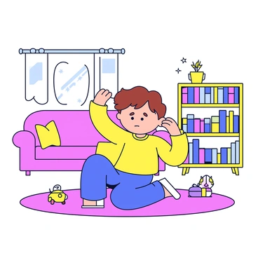 A young child with short brown hair is sitting on a soft carpet in a cozy living room. The child has a pained expression on their face while holding their ear with one hand. The living room is warm and inviting, featuring a small bookshelf filled with colorful books and a plush sofa. A gentle light streams through a nearby window, illuminating the scene. There is a small toy on the floor next to the child, adding to the homey atmosphere.