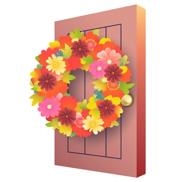 A large wreath made of vibrant autumn leaves in shades of orange, red, and yellow is hanging on a wooden door. The wreath is adorned with seasonal flowers, including deep red chrysanthemums and golden asters. Small pinecones are interspersed among the leaves, adding texture. The door itself is painted a rustic brown, with a brass doorknob that gleams in the light. Soft shadows cast by the wreath create a warm and inviting atmosphere around the entrance.