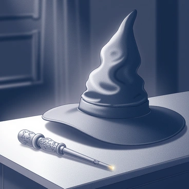 A "sorting hat" rests beside an "ornate wand" on a wooden surface. The hat displays a textured, wrinkled appearance, suggesting age and wisdom, while the wand features intricate engravings that trace along its length. Both objects are illuminated by a "glowing" aura, casting soft, ethereal light around them. The background is a darkened room, filled with shadows that enhance the mystical ambiance of the scene. The atmosphere is thick with the essence of magic, inviting curiosity and a sense of wonder.