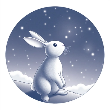 A rabbit sitting on a grassy hill, looking up at the night sky. The rabbit has soft fur and large, expressive eyes. The background features a multitude of stars twinkling in a clear, expansive sky. The sky appears deep and vast, with a few scattered clouds, allowing the stars to shine brightly. The rabbit is positioned with its ears perked up, fully engaged in the celestial view above.