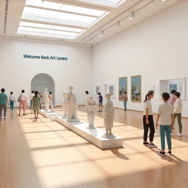 A spacious museum hall with high ceilings and polished wooden floors. The walls are adorned with various artworks. Large signs reading "Welcome Back Art Lovers" are prominently displayed. In the center of the hall, there are several elegant sculptures made of marble and bronze, showcasing intricate details. Soft, ambient lighting highlights the sculptures, creating dramatic shadows on the floor. Visitors are scattered throughout the hall, admiring the art and engaging in conversation.