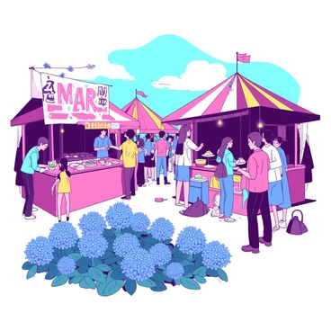 A vibrant festival scene filled with people celebrating and enjoying the festivities. Various stalls are set up with colorful decorations, displaying an array of goods and treats. People of different ages are engaging with the stalls, some are sampling food while others are admiring handmade crafts. In the foreground, clusters of bluebonnets bloom, adding a natural touch to the lively atmosphere. The sky above is clear, enhancing the joyful mood of the festival.