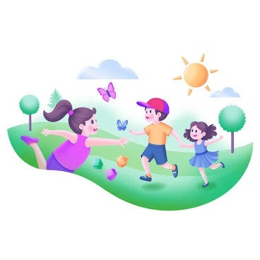Children playing tag in a park depicted in a lively line illustration, full of energy and joy.