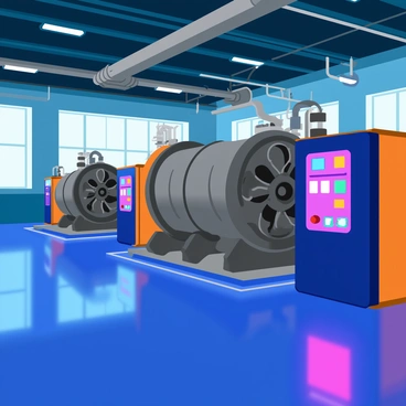 The interior of a power plant features large, industrial generators with a metallic finish, showcasing intricate details like gears and pipes. Glowing control panels in bright colors illuminate the space, displaying various buttons, switches, and screens. The environment is filled with a network of cables and ducts running along the walls and ceiling. High ceilings and large windows allow natural light to filter in, enhancing the scene. A sense of energy and activity pervades the atmosphere, with subtle reflections on the polished surfaces of the machinery.