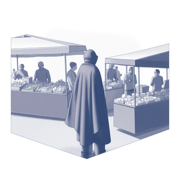 A figure stands in a shadowy corner, partially obscured from view. The figure is dressed in a long, dark cloak that flows around them, blending into the shadows. In front of them, a bustling market scene unfolds. Stalls filled with various goods are set up, showcasing a diverse array of fruits, vegetables, and textiles. People move through the market, some haggling, others examining the merchandise or chatting animatedly. The atmosphere conveys a sense of activity and life, while the figure remains still and silent, observing the lively interactions from their hidden spot.