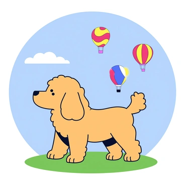 A goldendoodle with a fluffy coat and expressive eyes is looking up. The dog is standing on green grass, its ears perked and tail wagging. Above, there are several colorful hot air balloons drifting in a clear blue sky. The balloons are in vibrant shades of red, yellow, and blue, each with unique patterns. Some balloons are in the distance, while others are closer, creating a sense of depth in the scene. The sunlight is shining brightly, illuminating the scene.