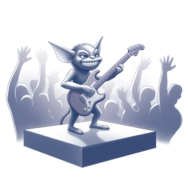A gremlin playing a guitar on stage, surrounded by cheering fans.
