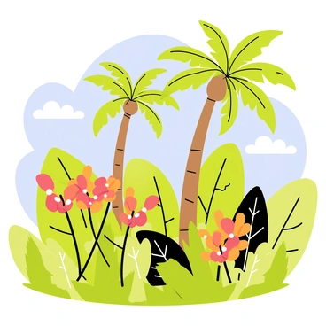 A vibrant tropical landscape featuring tall, green palm trees swaying gently in the breeze. Among them, several grevillea plants with bright red and orange flowers are prominently displayed, their unique shapes adding detail to the scene. The background is filled with lush greenery, with various shades of green creating depth. The sky is a clear blue, dotted with a few fluffy white clouds, enhancing the tropical atmosphere. Sunshine casts soft shadows on the ground, highlighting the textures of the plants and foliage.