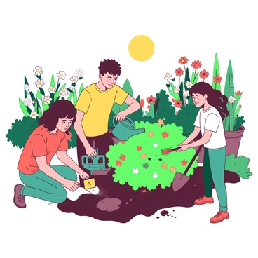 A group of four teens is working together in a vibrant community garden filled with various plants and flowers. One teen is planting seeds in the soil, using a small yellow trowel. Another teen is watering the plants with a teal watering can, while a third teen is pruning some leafy green bushes with scissors. The fourth teen is digging with a shovel, creating a new space for additional planting. The sun is shining brightly, illuminating the lush green surroundings, and there are colorful flower beds blooming in the background.