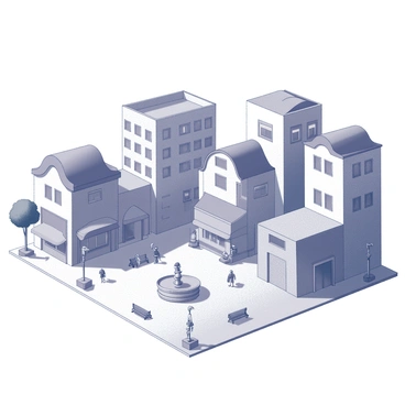 A cityscape featuring a variety of buildings with unique architectural designs. The structures have irregular shapes and playful features, including curved rooftops and asymmetrical windows. The streets are bustling with small figures walking, some stopping to interact with street vendors. There are trees lining the sidewalks, and a prominent square in the foreground with a fountain surrounded by benches. Buildings are densely arranged, creating a lively urban atmosphere.