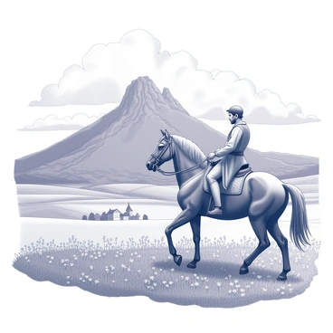 A detailed scene capturing a historical event related to "Mont Ventoux." The foreground features a depiction of a rider on horseback, wearing traditional medieval attire, with a determined expression. The horse is well-defined, with the reins held firmly in the rider's hands. In the background, the majestic outline of "Mont Ventoux" rises high, displaying its rugged terrain and steep slopes. Surrounding the scene are lush green fields filled with wildflowers, and a few scattered trees dot the landscape. In the distance, a small village can be seen, with houses featuring steep roofs, indicating the historical context. The sky overhead is filled with billowing clouds, creating a dynamic atmosphere.