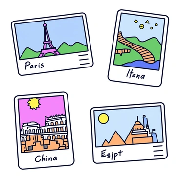 A collection of illustrated postcards, each representing a different country. The first postcard features "the Eiffel Tower" against a blue sky, with "Paris" written in bold letters at the bottom. The second postcard depicts "the Great Wall of China" winding through green mountains, with "China" elegantly inscribed at the top. The third postcard showcases "the Colosseum" in Rome, surrounded by ancient ruins, with "Italy" prominently displayed at the bottom. The fourth postcard illustrates "the pyramids of Giza" under a bright sun, with "Egypt" written in a decorative font at the top. Each postcard has a colorful border, enhancing the travel theme.