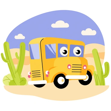 A mini school bus with a bright yellow exterior is driving through a vast desert landscape. The bus has large, cartoonish eyes on the windshield giving it a friendly appearance. Surrounding the bus are tall green cacti with long arms reaching towards the blue sky. In the background, rolling golden sand dunes create a soft contrast against the deep blue horizon. A few fluffy white clouds drift lazily above, adding to the cheerful scene. The sun shines brightly, illuminating the sandy ground and casting playful shadows from the cacti.