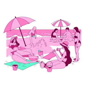 A pink beach scene is filled with people enjoying the summer sun. Several individuals are wearing colorful trendy swimsuits paired with vibrant sun hats. One person is lounging on a teal beach towel, sipping a drink from a straw while applying sunscreen. Nearby, a family is building a sandcastle, with buckets and shovels scattered around them. In the background, soft waves are gently lapping at the shore, and a colorful beach umbrella provides shade for a group of friends playing beach volleyball.