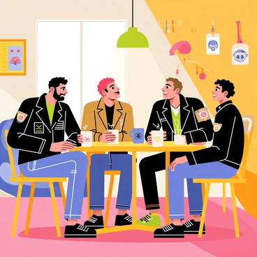 A group of four bikers sitting around a small wooden table in a cozy corner of a garage. Each biker is wearing a different style of leather jacket, with distinct patches and designs. A steaming coffee cup is in front of each biker, with some cups featuring cool graphics. The walls of the garage are adorned with motorcycle posters and tools hanging on a pegboard. Warm light from a nearby lamp creates a welcoming atmosphere. The bikers are animatedly chatting, with one of them leaning forward, laughing, while another gestures with their hands. A few helmets are placed on the table, and a motorcycle is parked in the background, partially visible.