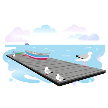 An empty fishing dock stretches across the scene, with weathered wooden planks reflecting a sense of abandonment. A few boats are tied up along the edges, gently bobbing with the movement of the water. The boats are painted in a mix of bright colors, displaying signs of age and neglect. In the background, calm waters stretch out toward a distant horizon, with soft gradient pastel colors illuminating the sky. A few seagulls can be seen perched on the dock, adding to the sense of quietude in the area.