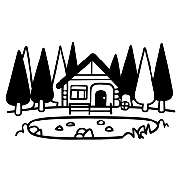 A log cabin with a rustic structure, surrounded by a dense forest filled with tall trees. The cabin features a small porch with a few wooden chairs. In front of the cabin, there is a small pond that reflects the surrounding trees and the cabin itself. On the ground, there are patches of grass and a few scattered rocks. The overall scene is tranquil, emphasizing the harmony between the cabin and its natural surroundings.