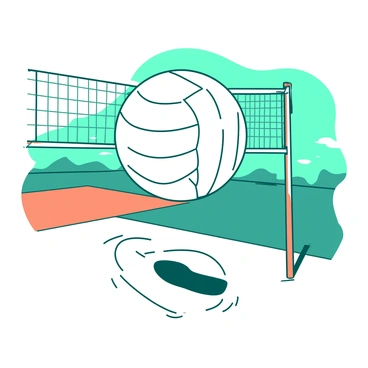 A white volleyball is suspended in mid-air, showcasing its dynamic motion as it is about to hit the ground. The volleyball has a glossy surface reflecting light, emphasizing its round shape. Surrounding the volleyball, the background is a blurred blend of teal and orange, depicting a sense of speed and action. There are faint outlines of a volleyball net and court surface just visible in the background, enhancing the scene's context without detracting from the focus on the ball.