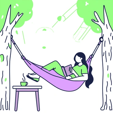 A person is lying in a hammock suspended between two trees. The hammock is gently swaying, providing a comfortable resting spot. The individual has long hair and is wearing a casual outfit, with the book open in their hands. Sunlight filters through the leaves of the trees, creating a dappled light effect. The scene includes detailed bark textures on the trees and a few green leaves swaying in the breeze. Nearby, a small wooden table holds a steaming cup, adding to the relaxed atmosphere.