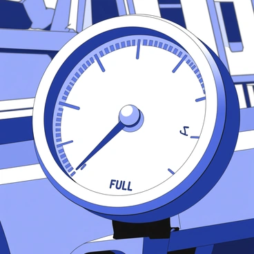 A close-up illustration of a truck's fuel gauge is prominently displayed. The gauge features a circular dial with a needle pointing to the "E" for empty, indicating that the fuel tank has no fuel left. Surrounding the dial are markings for full and half, clearly labeled. The glass covering the gauge reflects light, and the metallic casing appears rugged and worn. The background is a blurred representation of the truck's interior, creating a focused view on the gauge itself.