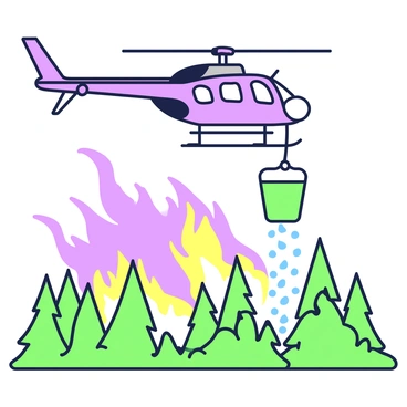 A KMAX helicopter is hovering above a raging forest fire. The helicopter is equipped with a large, green bucket suspended from a cable. Bright flames and thick smoke rise from the trees below, creating a chaotic scene. The helicopter's rotors are in motion, causing a visible blur as it maintains its position. Below, the forest is dense with tall trees, and several areas are engulfed in flames. The helicopter is positioned to release the water from the bucket directly onto the most intense fire, with droplets falling toward the flames.