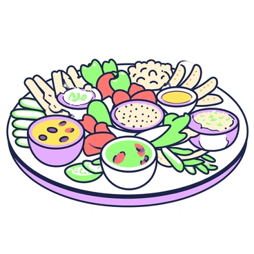 A large circular platter is arranged with an assortment of olive tapenades in small bowls. Each bowl is filled with different colors and textures of tapenade. Surrounding the bowls are several types of crackers stacked neatly, alongside a variety of sliced vegetables, including cucumber sticks, carrot sticks, and bell pepper strips. The platter is set on a wooden table, and the vibrant colors of the ingredients create an inviting presentation.