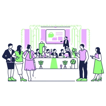 An elegant corporate event is taking place in a spacious hall. Guests dressed in formal attire are mingling and networking with one another. Some are holding drinks in their hands while engaged in conversations. In the background, there is a speaker standing on stage, delivering a presentation. The speaker is using a microphone and is gesturing towards a large screen displaying a presentation slide. The audience is seated in rows in front of the stage, attentively listening to the speaker. Elegant decorations, including centerpieces on tables, enhance the overall atmosphere of the event.