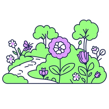 A lush garden with blooming flowers depicted in a detailed line illustration, radiating tranquility.