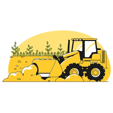 A bulldozer with a large blade is positioned in the foreground, actively pushing aside dirt and debris as it prepares a large field for planting. The machine is depicted in detail, showcasing its tracks and hydraulic arms. The field stretches out behind the bulldozer, showing freshly moved earth ready for crops. In the background, there are rows of green, budding plants starting to emerge, indicating the farming activity. The sky is clear above, emphasizing the focus on the bulldozer's hardworking operation in the field.