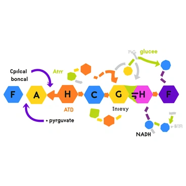 A diagram illustrating the glycolysis process with labeled pathways. The diagram shows energy-rich bonds being broken in glucose molecules, represented as hexagonal shapes. Arrows indicate the flow of energy releasing from these bonds. Each step of glycolysis is depicted with distinct stages, illustrating the conversion of glucose into pyruvate, with smaller shapes representing ATP and NADH molecules being formed. Bright colors highlight the reactions occurring at each stage, creating a dynamic representation of the biochemical process.