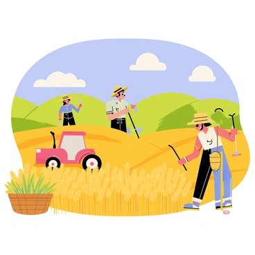 A group of farmers in a southern countryside are harvesting golden wheat under a bright blue sky. The farmers are wearing straw hats and colorful shirts, using sickles to cut the wheat. In the background, there are rolling green hills dotted with patches of wildflowers. A tractor is parked nearby, and a wooden basket filled with freshly cut crops sits on the ground. A few fluffy white clouds float in the sky, adding to the cheerful atmosphere of the scene.
