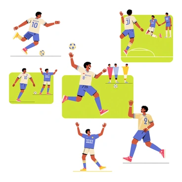 A dynamic illustration featuring multiple vignettes of "Ronaldinho" showcasing his most memorable moments on the soccer field. The first vignette captures "Ronaldinho" dribbling past defenders with a skillful smile on his face. Another section depicts him celebrating a goal with his arms raised, surrounded by cheering fans. A third vignette shows "Ronaldinho" performing his iconic no-look pass, emphasizing his playful style. Each moment is portrayed with vibrant colors and energetic poses, highlighting the excitement and joy he brings to the game.