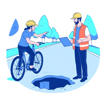 A blue cyclist wearing a bright yellow helmet is pointing at a large pothole in the gray asphalt road. The pothole is deep and jagged, surrounded by some loose gravel. A city worker in an orange safety vest stands nearby, holding a clipboard and looking attentively at the cyclist. The worker has a yellow hard hat on and a thoughtful expression while listening to the cyclist. In the background, there are blurred trees lining the road, creating a structured urban theme.