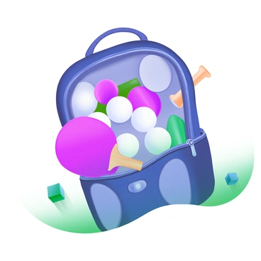 A sporty backpack with multiple compartments and a sleek design is filled with table tennis equipment. Inside the main compartment, there are white table tennis balls and colorful paddles neatly arranged. The backpack is set against a light, pastel background, highlighting its vibrant colors. Small details include a zipper partially open and a paddle peeking out, showcasing its wooden texture and rubber surface.