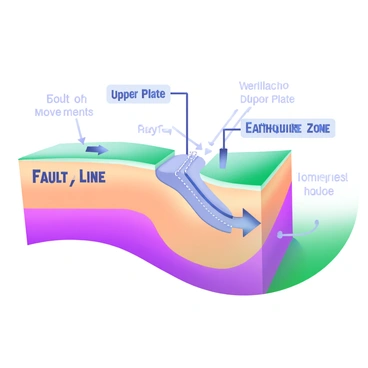 A modern pastel illustration depicting a simplified diagram of a strike-slip fault. The diagram shows two tectonic plates sliding past each other horizontally. Labeled geological features include "Fault Line" in bold, black text, featuring a dashed line where the plates meet. There are arrows indicating the direction of movement on either side of the fault. Above the fault line, there is a label "Upper Plate," and below, a label "Lower Plate." Additional details such as "Earthquake Zone" are included in a soft color palette, enhancing the clarity of the geological features.
