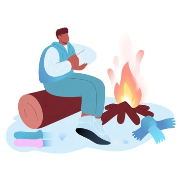 A person is sitting on a log next to a fire, adding layers of clothing to stay warm in the cold. The individual is wearing a thick, knitted sweater and has a puffy jacket draped over their lap. The fire is crackling, casting warm light all around, illuminating the surrounding area. Nearby, a stack of different clothing items like scarves and gloves is visible, ready to be worn. The ground is covered in patches of snow, contrasting with the warm colors of the fire and clothing.