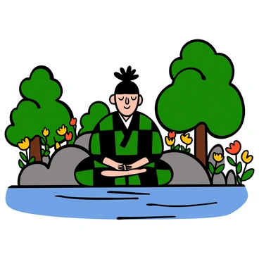 A young man with light skin and dark, spiky hair sitting cross-legged by a calm lake, his eyes gently closed in meditation. He is wearing a traditional green and black checkered kimono, and his demeanor is serene. Around him, lush green trees and vibrant flowers frame the scene, with soft ripples on the water reflecting the surrounding beauty. In the background, a clear blue sky can be seen, enhancing the peacefulness of the moment.