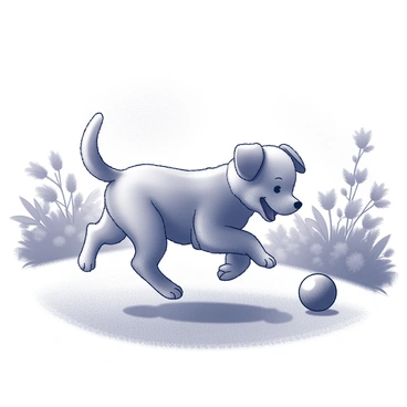 A fluffy puppy with soft fur is playing in a garden. The puppy has its tail wagging excitedly as it chases after a round ball. The ball rolls on the grass, and the puppy is leaping forward with its ears flopping in the air. The garden is filled with various plants and flowers, and the sunlight is shining brightly, casting soft shadows on the ground. The scene captures the joy and energy of the puppy's playful antics.