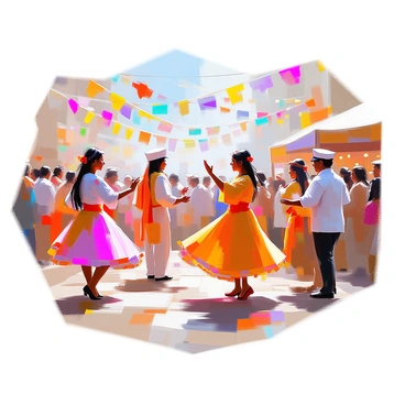 A diverse group of people of various ethnic backgrounds is joyfully celebrating at a colorful cultural festival. The scene is filled with vibrant flags of different nations fluttering in the breeze. The individuals are dressed in elaborate costumes that reflect their cultural heritage, featuring bright colors, intricate patterns, and traditional accessories. Some are dancing, while others are engaged in lively conversations, all surrounded by an atmosphere of festivity and unity. The background is decorated with festive banners and decorative lights that add to the celebratory mood.