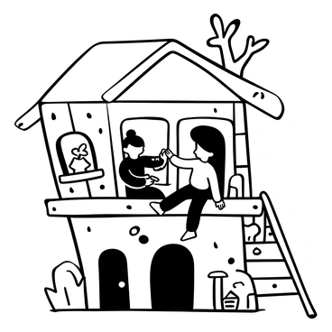 A big brother and a sibling sitting inside a handcrafted treehouse. The treehouse features wooden walls, a slanted roof, and a ladder leading down. The big brother is holding a toy while the sibling is reaching for it with excitement. Various tools and building supplies are scattered around, showcasing the construction process. Branches and leaves from the surrounding tree are visible through the open windows of the treehouse. The atmosphere conveys a sense of joy and accomplishment in their shared project.