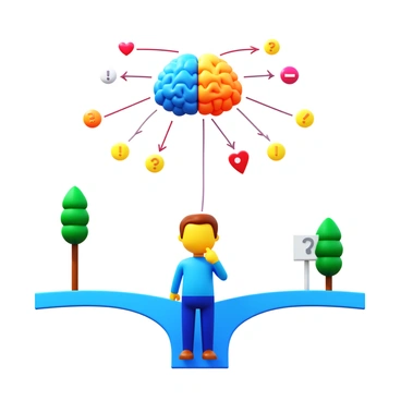 An illustrated scene showing the amygdala helping a character make decisions at a crossroads with emotion symbols.