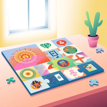 A jigsaw puzzle with pieces that represent different cultural symbols fitting together